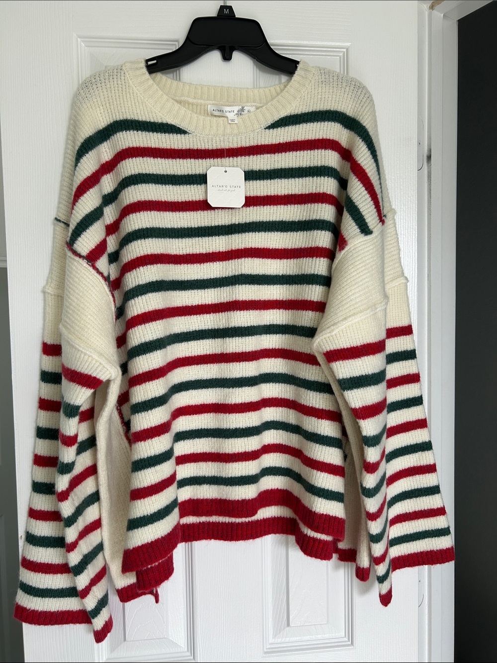 Altar'd State Cream Sweater with Red and Green Stripes